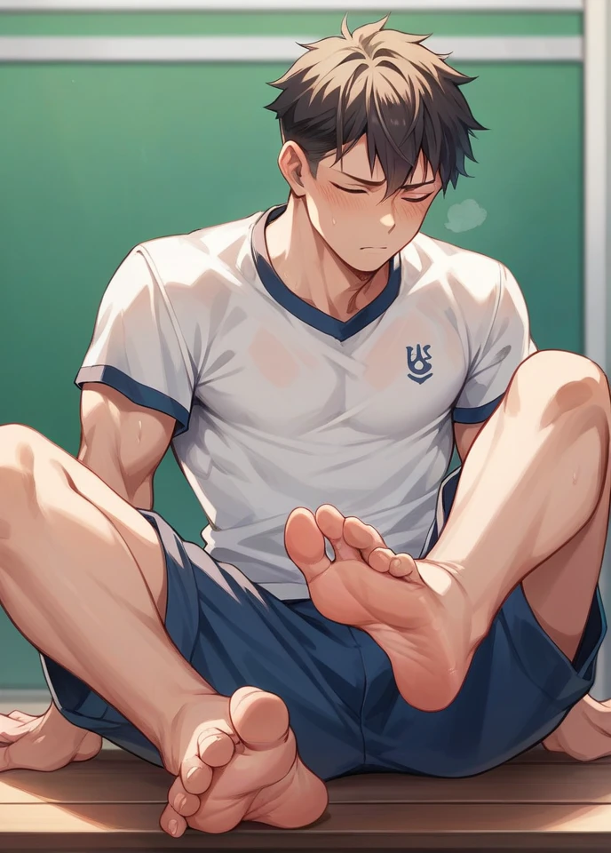 School sports boy smelling own feet