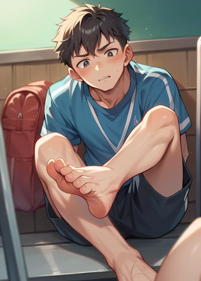 School sports boy smelling own feet