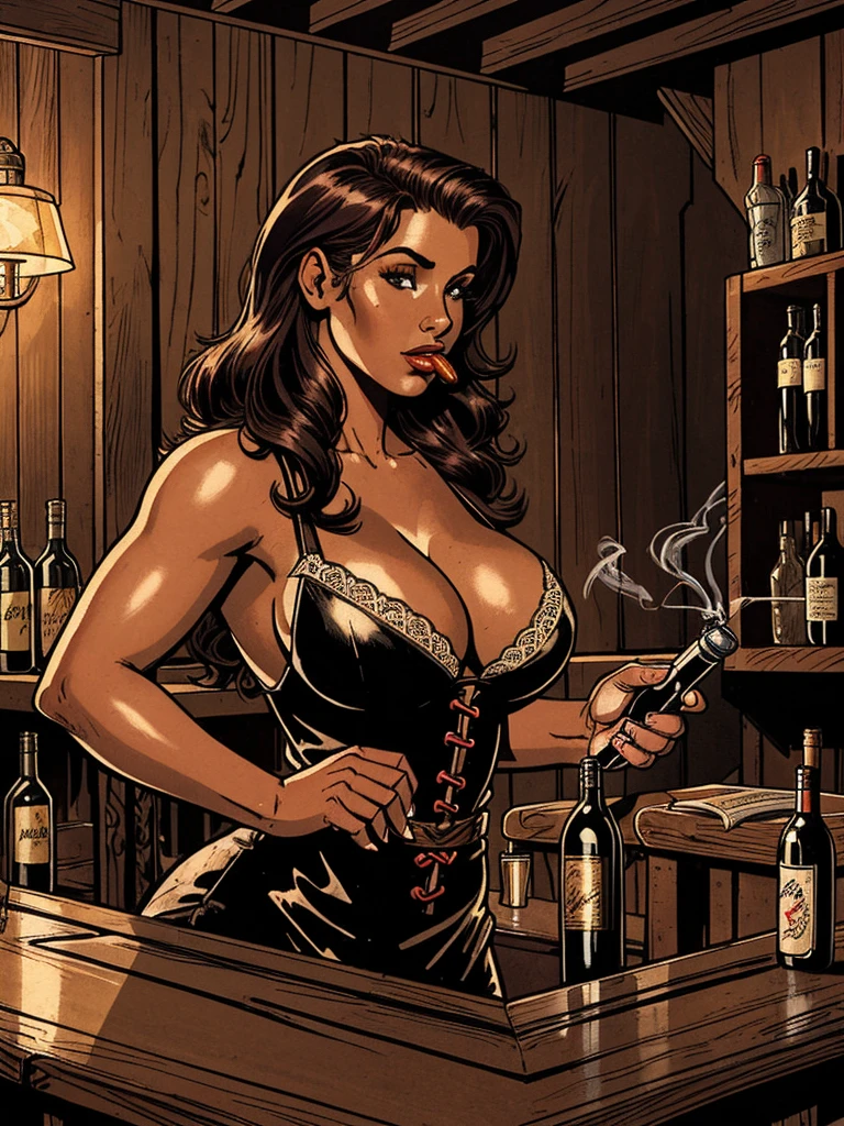 A photo of a busty bartender, vintage clothing, cleavage++, warm cozy wooden bar, bottles, wine, cigar smoke fills the room, (detailed skin complexion:1.2), best quality, deep color, complex shading effect, natural lighting effect, ambient occlusion, high quality soft shadows,toon