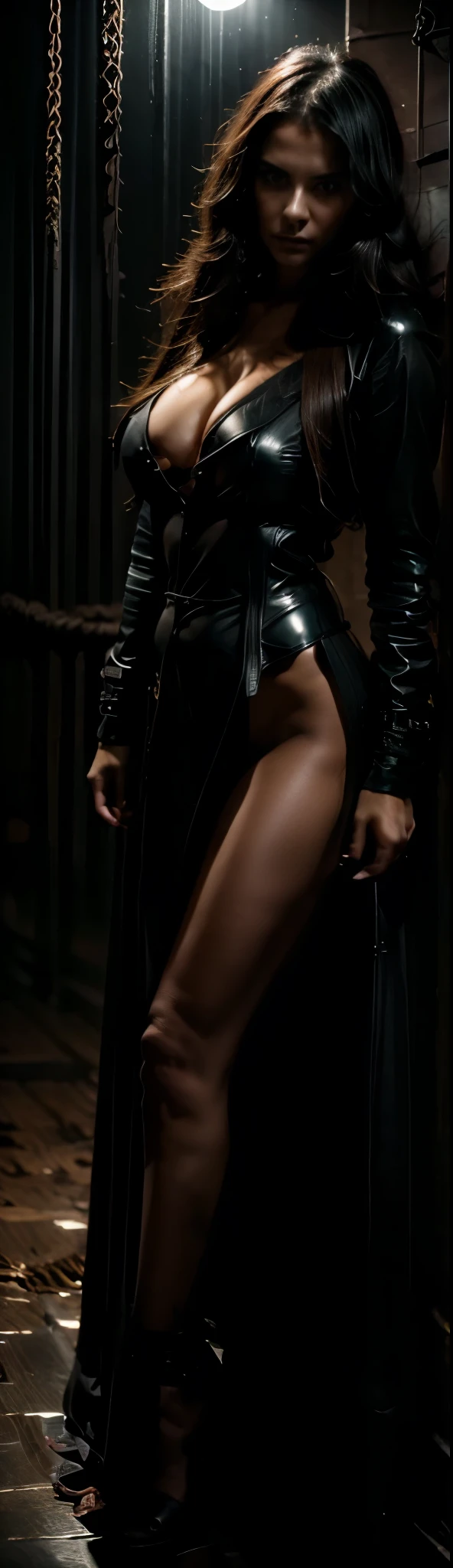 A beautiful girl wearing a black trench coat over a BDSM outfit, detailed and realistic face, photorealistic, high quality, masterpiece, ultra-detailed, 8k, sharp focus, vivid colors, dramatic lighting, dark and moody atmosphere, gothic and mysterious