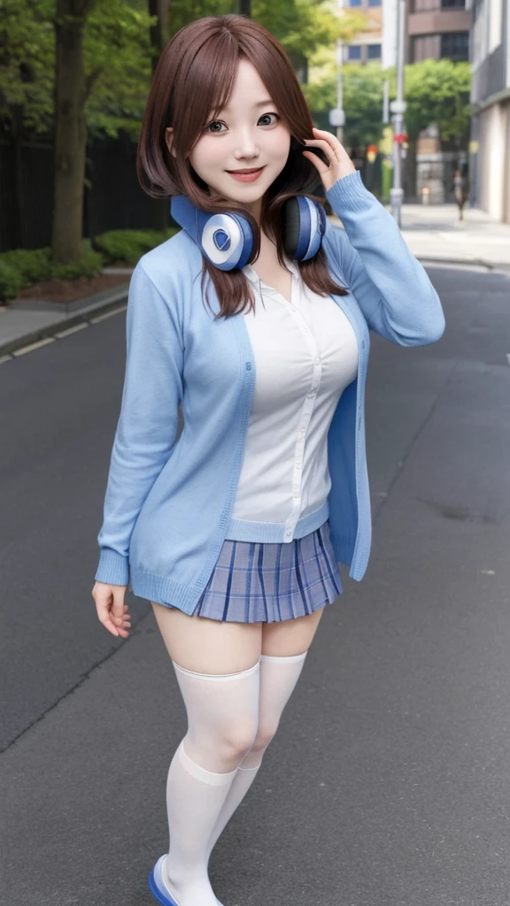 nakano_miku, long hair, hair between eyes, headphones, headphones around neck, long sleeves, shirt, white shirt, cardigan, blue cardigan, skirt, pantyhose, gigantic breasts, outdoors, smile, looking at viewer, full body, idle