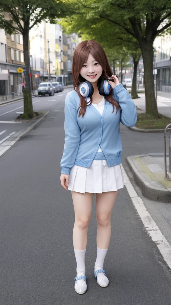 nakano_miku, long hair, hair between eyes, headphones, headphones around neck, long sleeves, shirt, white shirt, cardigan, blue cardigan, skirt, pantyhose, gigantic breasts, outdoors, smile, looking at viewer, full body, idle