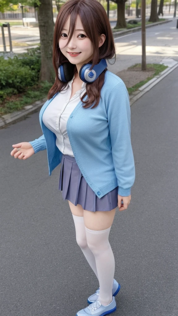 nakano_miku, long hair, hair between eyes, headphones, headphones around neck, long sleeves, shirt, white shirt, cardigan, blue cardigan, skirt, pantyhose, gigantic breasts, outdoors, smile, looking at viewer, full body, idle