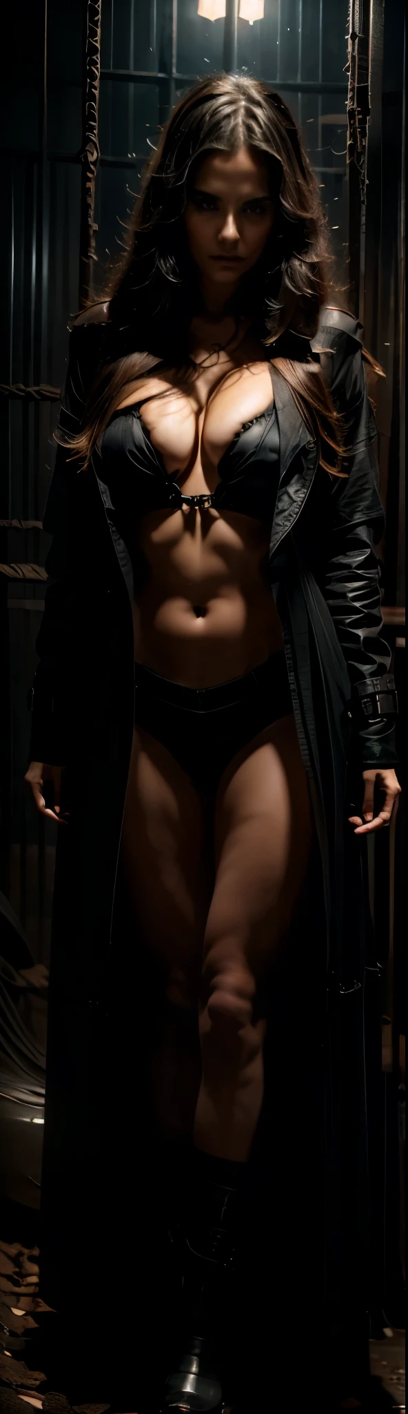 A beautiful girl wearing a black trench coat over a BDSM outfit, detailed and realistic face, photorealistic, high quality, masterpiece, ultra-detailed, 8k, sharp focus, vivid colors, dramatic lighting, dark and moody atmosphere, gothic and mysterious