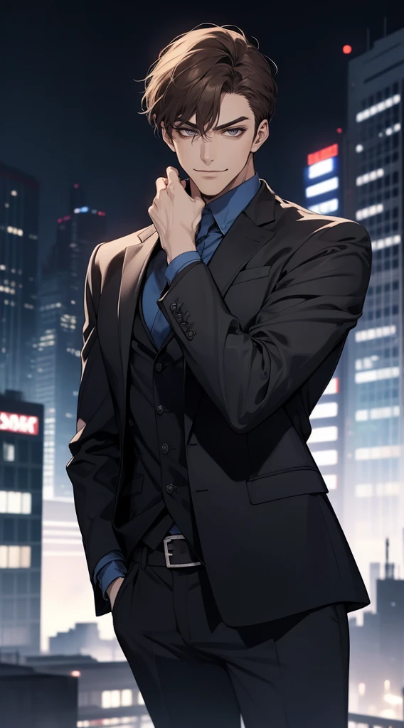masutepiece, Best Quality, Realistic, 1man, matured male, Quiet and charming young man, 25 years old, closing eye, Serious look, extra detailed face, ((dark grey eyes)), ((Short right sweep dark brown hair)), [Thick eyebrows], detective, city, ((Blue color suit)), Cinematic lighting, gaze at the audience, Postural dynamics, Smirk