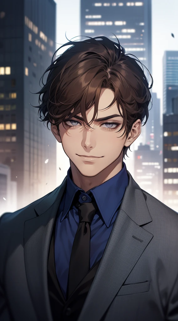 masutepiece, Best Quality, Realistic, 1man, matured male, Quiet and charming young man, 25 years old, closing eye, Serious look, extra detailed face, ((dark grey eyes)), ((Short right sweep dark brown hair)), [Thick eyebrows], detective, city, ((Blue color suit)), Cinematic lighting, gaze at the audience, Postural dynamics, Smirk
