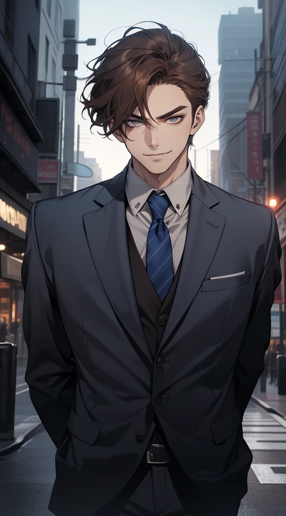 masutepiece, Best Quality, Realistic, 1man, matured male, Quiet and charming young man, 25 years old, closing eye, Serious look, extra detailed face, ((dark grey eyes)), ((Short right sweep dark brown hair)), [Thick eyebrows], detective, city, ((Blue color suit)), Cinematic lighting, gaze at the audience, Postural dynamics, Smirk