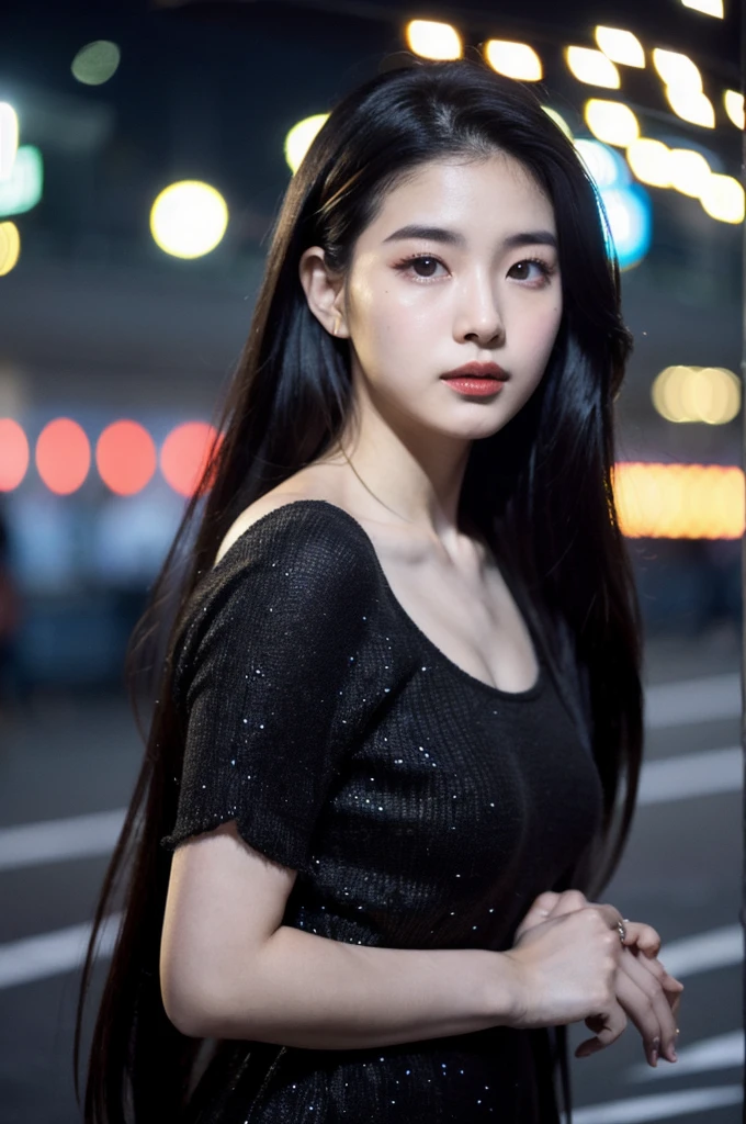 (Cinematic Aesthetic:1.4) Photo of a beautiful korean fashion model bokeh city night. long black hair. Sexy. Cute.