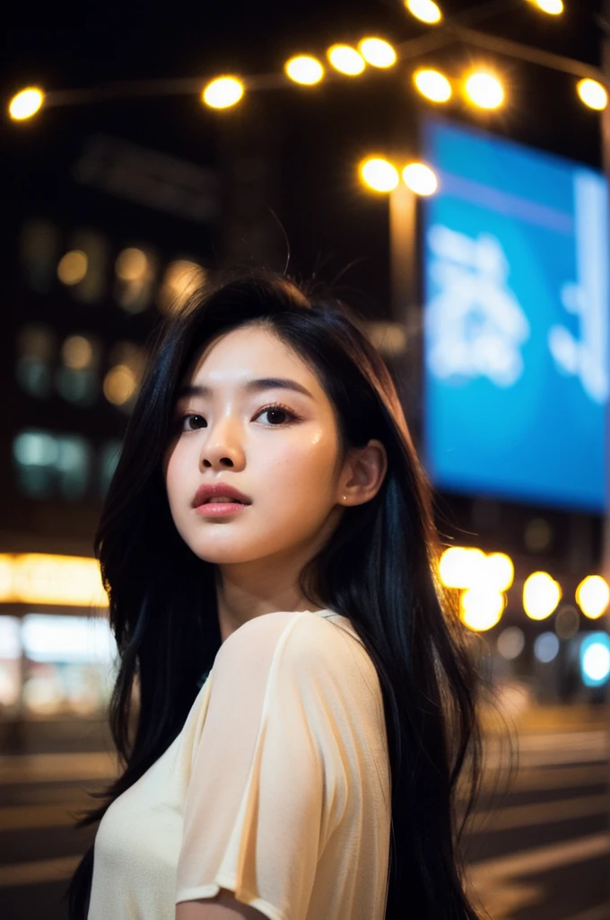 (Cinematic Aesthetic:1.4) Photo of a beautiful korean fashion model bokeh city night. long black hair. Sexy. Cute.