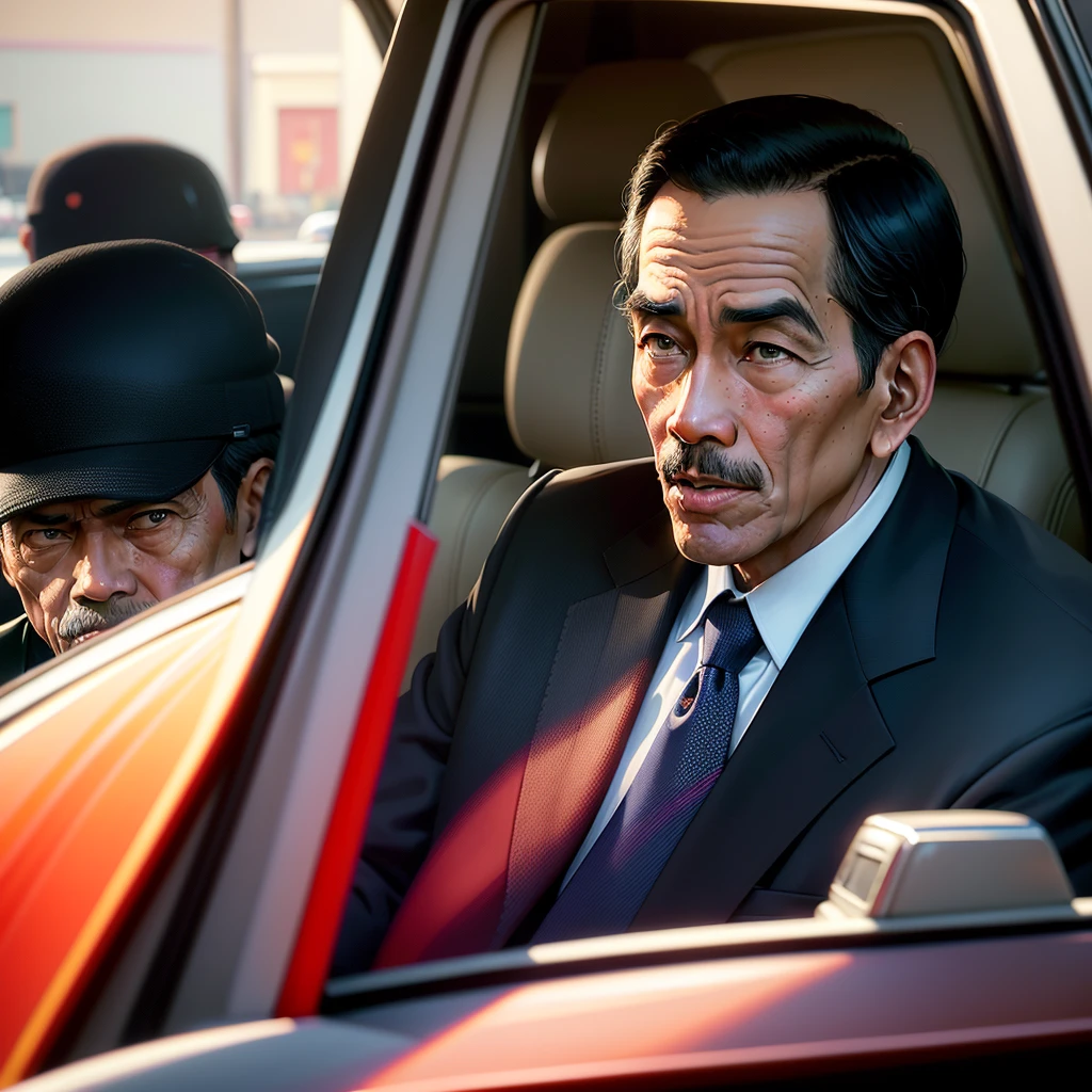 there is a President Joko Widodo and President  sitting in a car with a bodyguard, colorized background, colourized, colorized photo, by Art Fitzpatrick, colorized, inspired by Austin Briggs, ( art fitzpatrick ), digitally colored, norman rockwell style, inspired by Henry Justice Ford, in style of norman rockwell, inspired by John French Sloan, full color illustration, a colorized photo