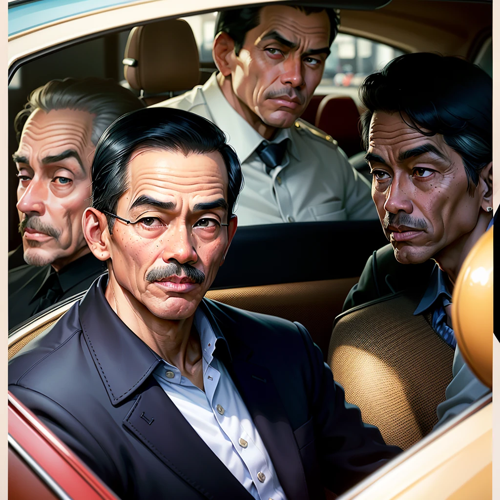 there is a President Joko Widodo and President sitting in a car with a bodyguard, colorized background, colourized, colorized photo, by Art Fitzpatrick, colorized, inspired by Austin Briggs, ( art fitzpatrick ), digitally colored, norman rockwell style, inspired by Henry Justice Ford, in style of norman rockwell, inspired by John French Sloan, full color illustration, a colorized photo
