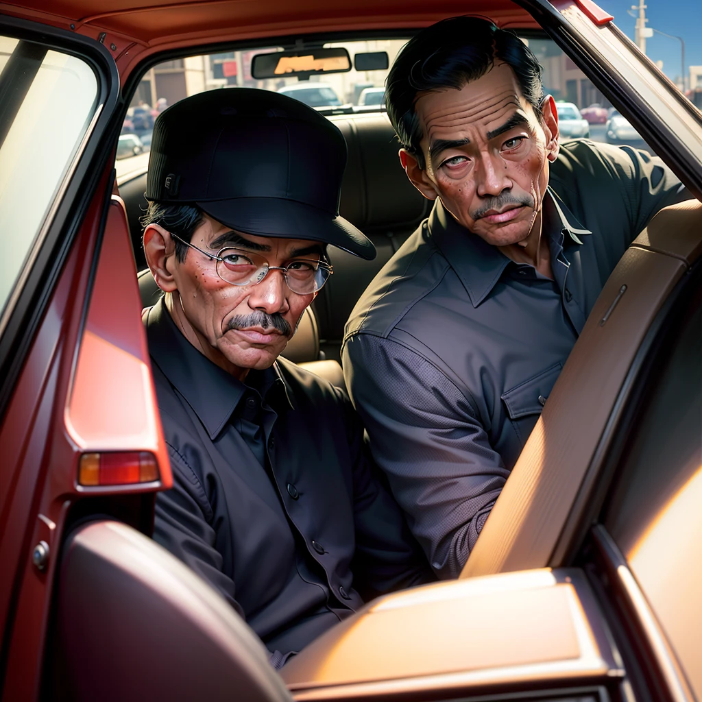 there is a President Joko Widodo and President sitting in a car with a bodyguard, colorized background, colourized, colorized photo, by Art Fitzpatrick, colorized, inspired by Austin Briggs, ( art fitzpatrick ), digitally colored, norman rockwell style, inspired by Henry Justice Ford, in style of norman rockwell, inspired by John French Sloan, full color illustration, a colorized photo