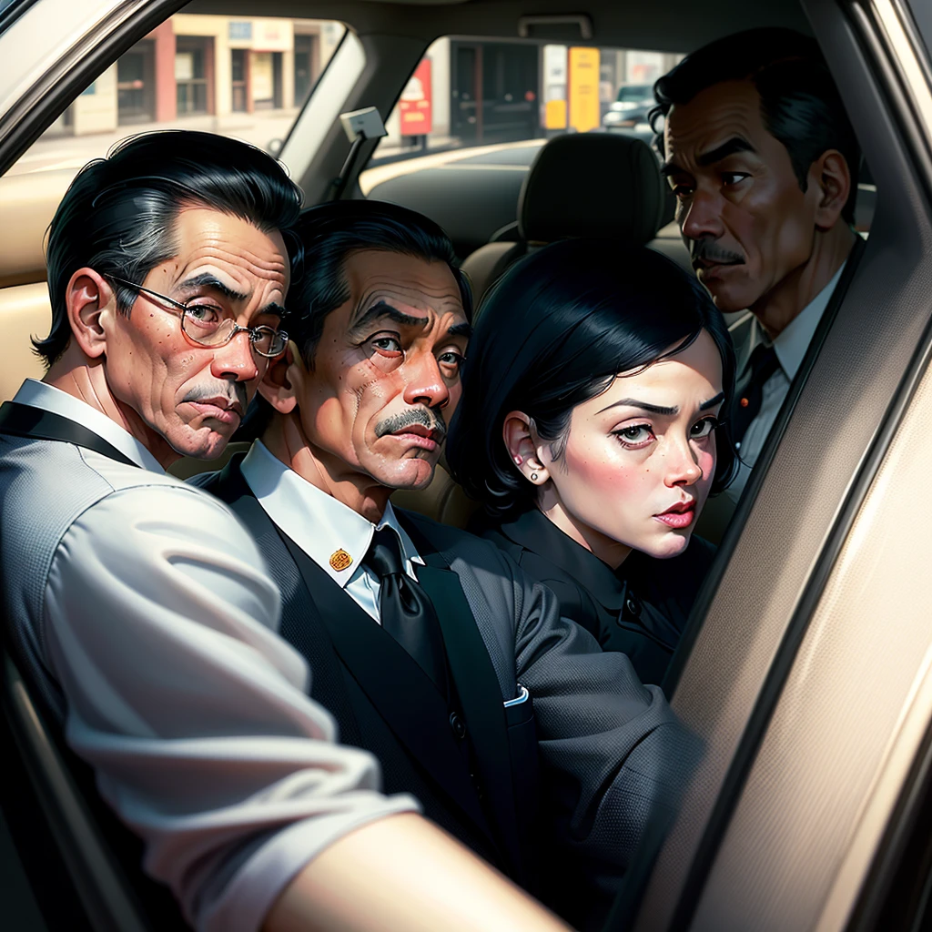 there is a President Joko Widodo and President sitting in a car with a bodyguard, colorized background, colourized, colorized photo, by Art Fitzpatrick, colorized, inspired by Austin Briggs, ( art fitzpatrick ), digitally colored, norman rockwell style, inspired by Henry Justice Ford, in style of norman rockwell, inspired by John French Sloan, full color illustration, a colorized photo