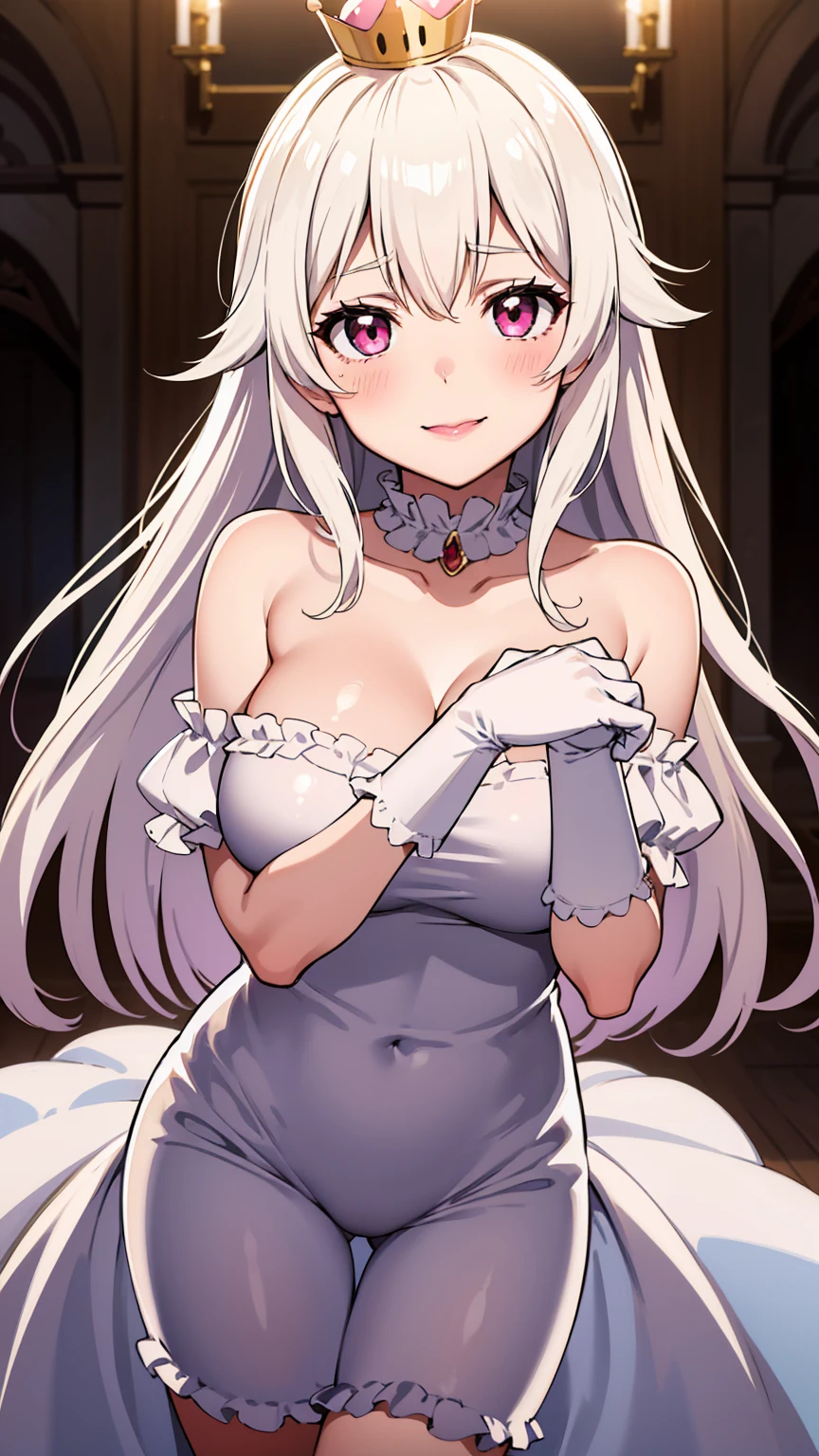 best quality, high resolution, large breasts, white hair, blush,  Evil smile, cowboy shot, looking at viewer, boosette, pink lip, in a haunted mansion, (((off shoulders)))