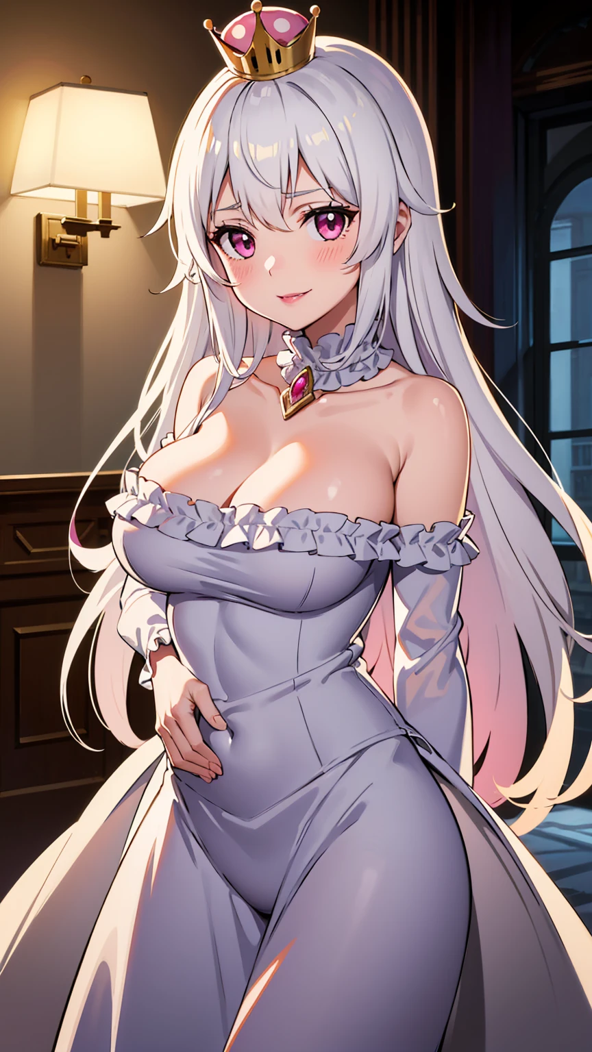 best quality, high resolution, large breasts, white hair, blush,  Evil smile, cowboy shot, looking at viewer, boosette, pink lip, in a haunted mansion, (((off shoulders)))