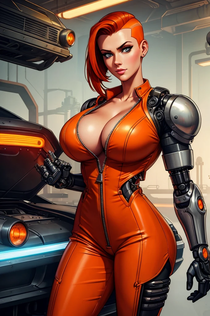 gorgeous mechanic, atompunk, blank background, retro-futurism, mechanical hand, cybernetic augments, unzipped orange jumpsuit, gunmetal grey, , half shaved head, ginger hair