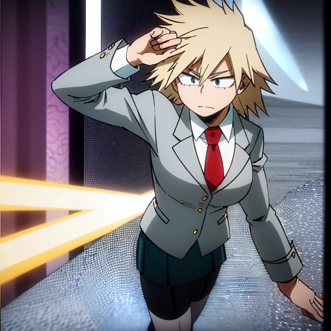 1girl, female focus, solo, big breasts, long hair, spiky hair, blonde hair, blue eyes, gray jacket, red tie, white shirt, teal skirt, gray tights, boots, beautiful