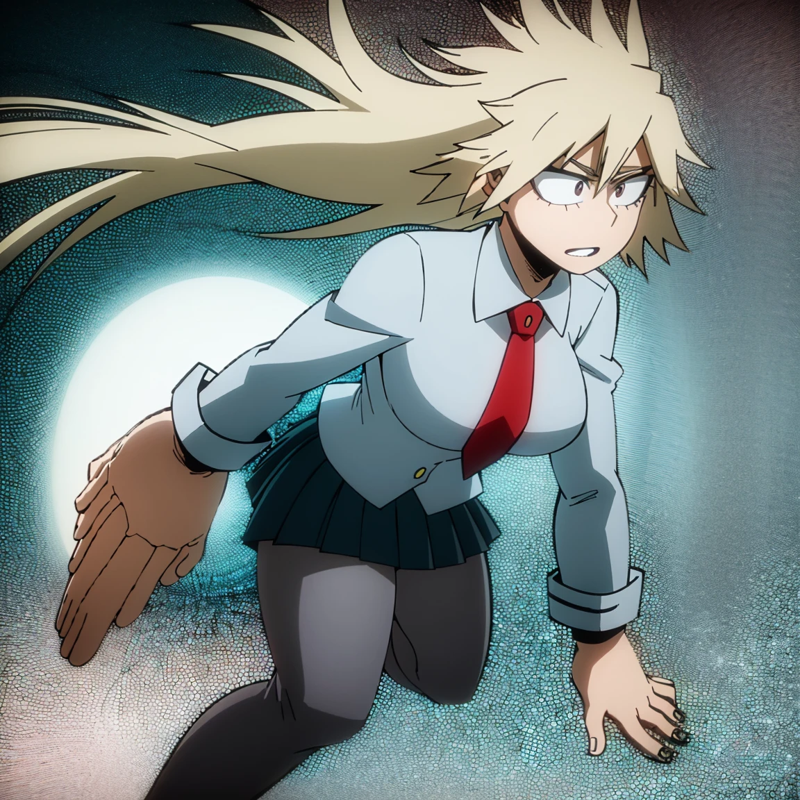 1girl, female focus, solo, big breasts, long hair, spiky hair, blonde hair, blue eyes, gray jacket, red tie, white shirt, teal skirt, gray tights, boots, beautiful