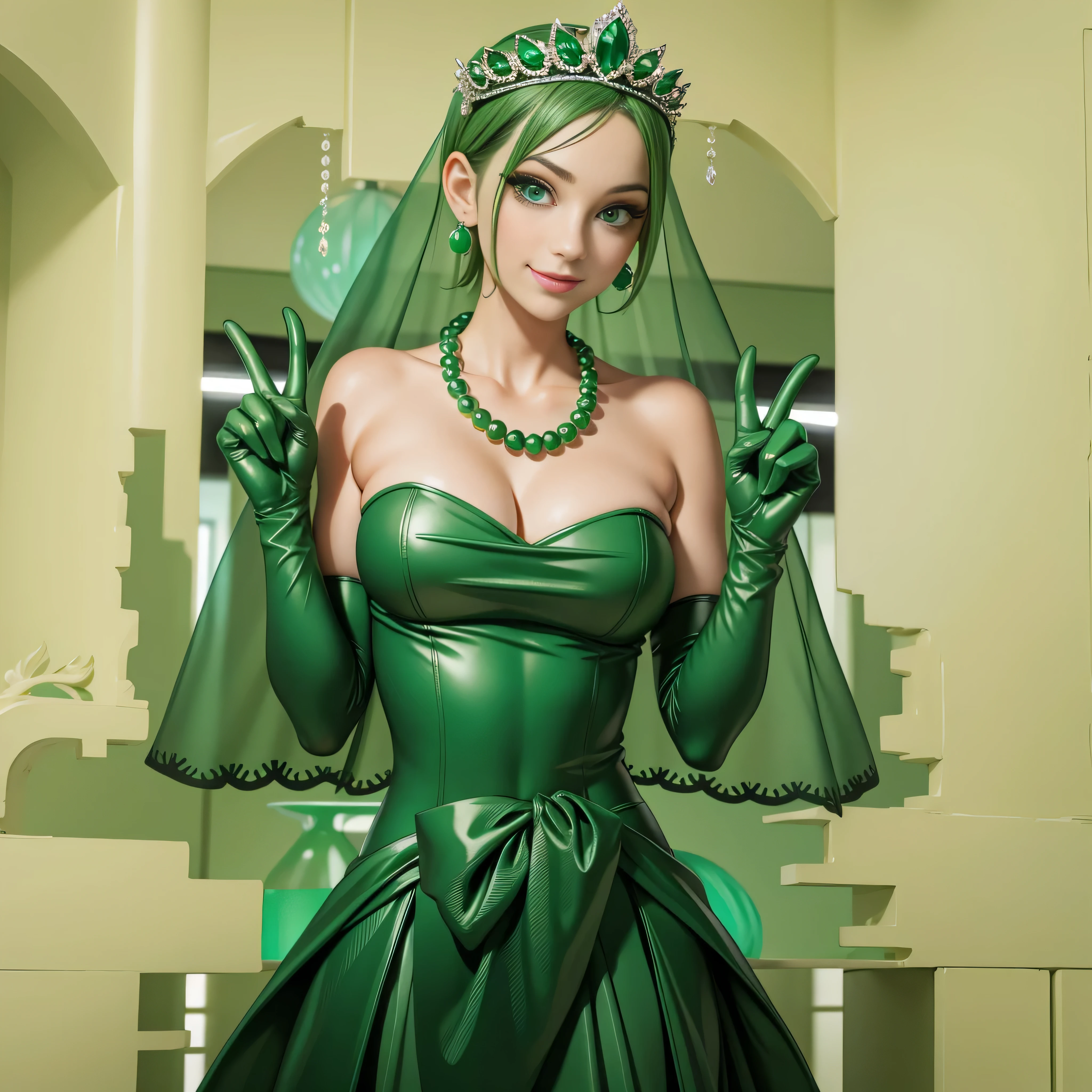 Emerald tiara, Green Pearl Necklace, Boyish very short green hair, lipstick, Smiling Japanese woman, Very short hair, Big and beautiful, Green Eyes, Long green satin gloves, Green Eyes, Vsain, Emerald Earrings, Green veil, peace sign, 30-year-old woman, Bride in her 30s, During pregnancy
