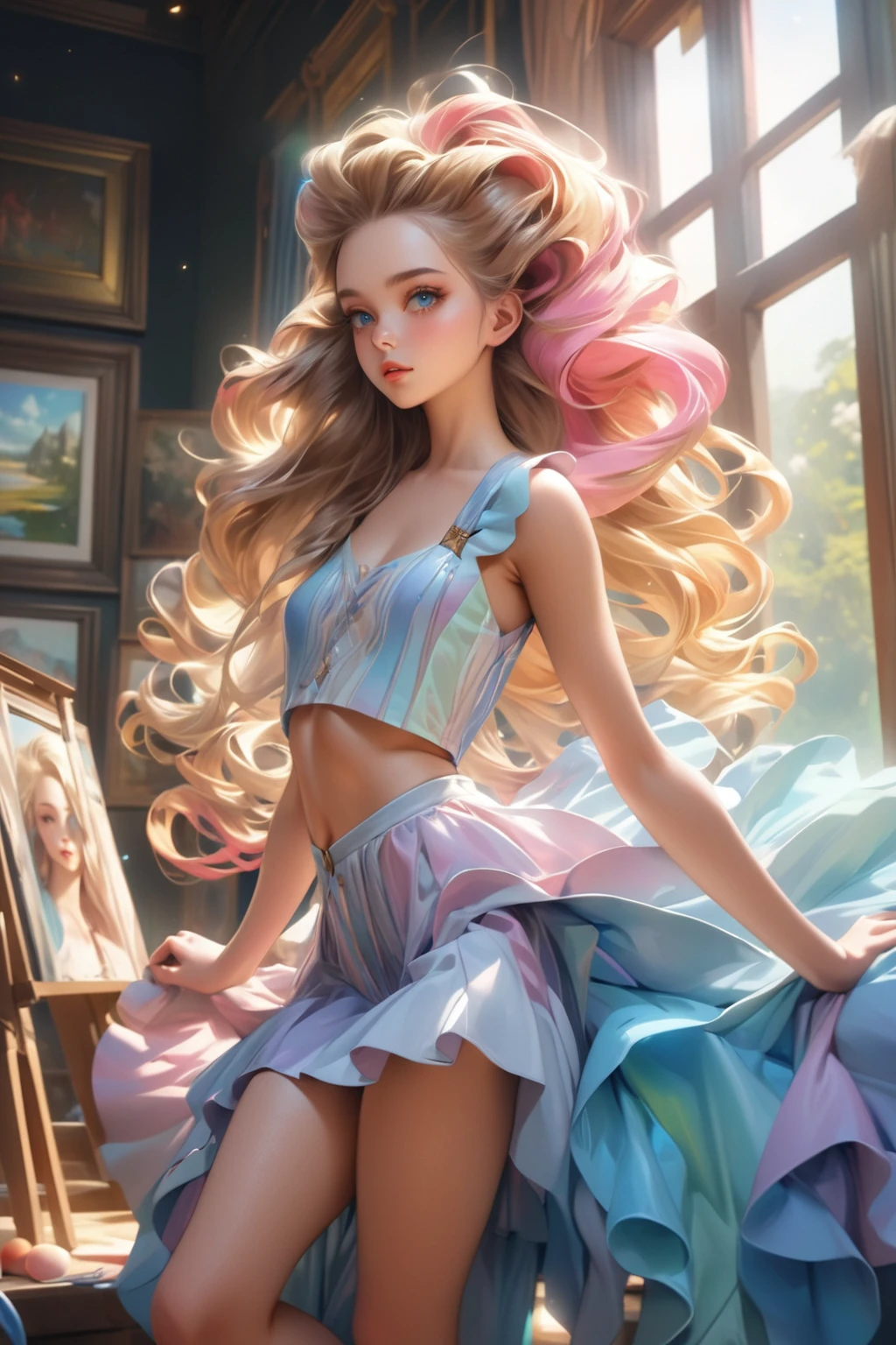 A beautiful young blonde girl posing in front of a mirror wearing a colorful dress, fantasy art style, 8k, high quality, detailed art, artjam style, exquisite digital illustration, art jam style, wonderful digital art, roychs and urops, dreamlike art jam, beautiful digital illustration, art jam style