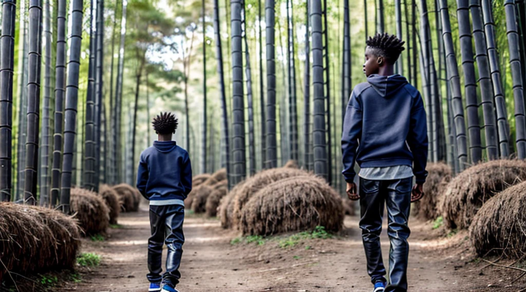 image of a black male ager, 12 years a cotton knit shirt - dark gray long-sleeved sweatshirt - no print - short curly hair - wears long pants - wears leather sandals - runs with his back to the camera - alone in the forest - a Blue morpho butterfly - bamboo forest