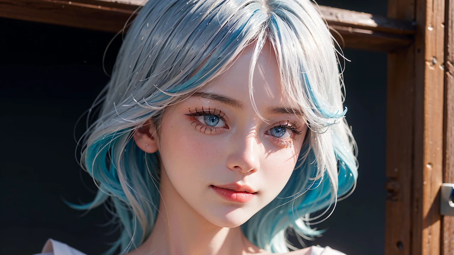 Furina from Genshin Impact, 18 years old girl, (Raw photo, Best Quality), (Realistic, Photorealsitic:1.3), masterpiece, Extremely delicate and beautiful, Soft light, (beautiful white and blue hair, Shoulder-length straight hair swaying in the wind), Beautiful detailed girl, (Detailed fingers), extremely detailed eye and face, beautiful detailed nose, Beautiful detailed eyes, 1 girl, Japanese, Neat and clean beauty, Cute, young, (big breasts), Realistic face, Realistic body, cute smile