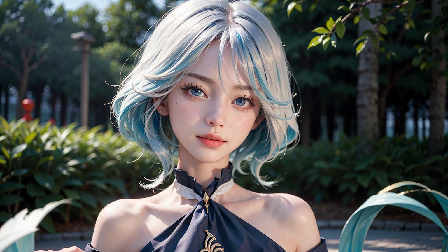 Furina from Genshin Impact, 18 years old girl, (Raw photo, Best Quality), (Realistic, Photorealsitic:1.3), masterpiece, Extremely delicate and beautiful, Soft light, (beautiful white and blue hair, Shoulder-length straight hair swaying in the wind), Beautiful detailed girl, (Detailed fingers), extremely detailed eye and face, beautiful detailed nose, Beautiful detailed eyes, 1 girl, Japanese, Neat and clean beauty, Cute, young, (big breasts), Realistic face, Realistic body, cute smile