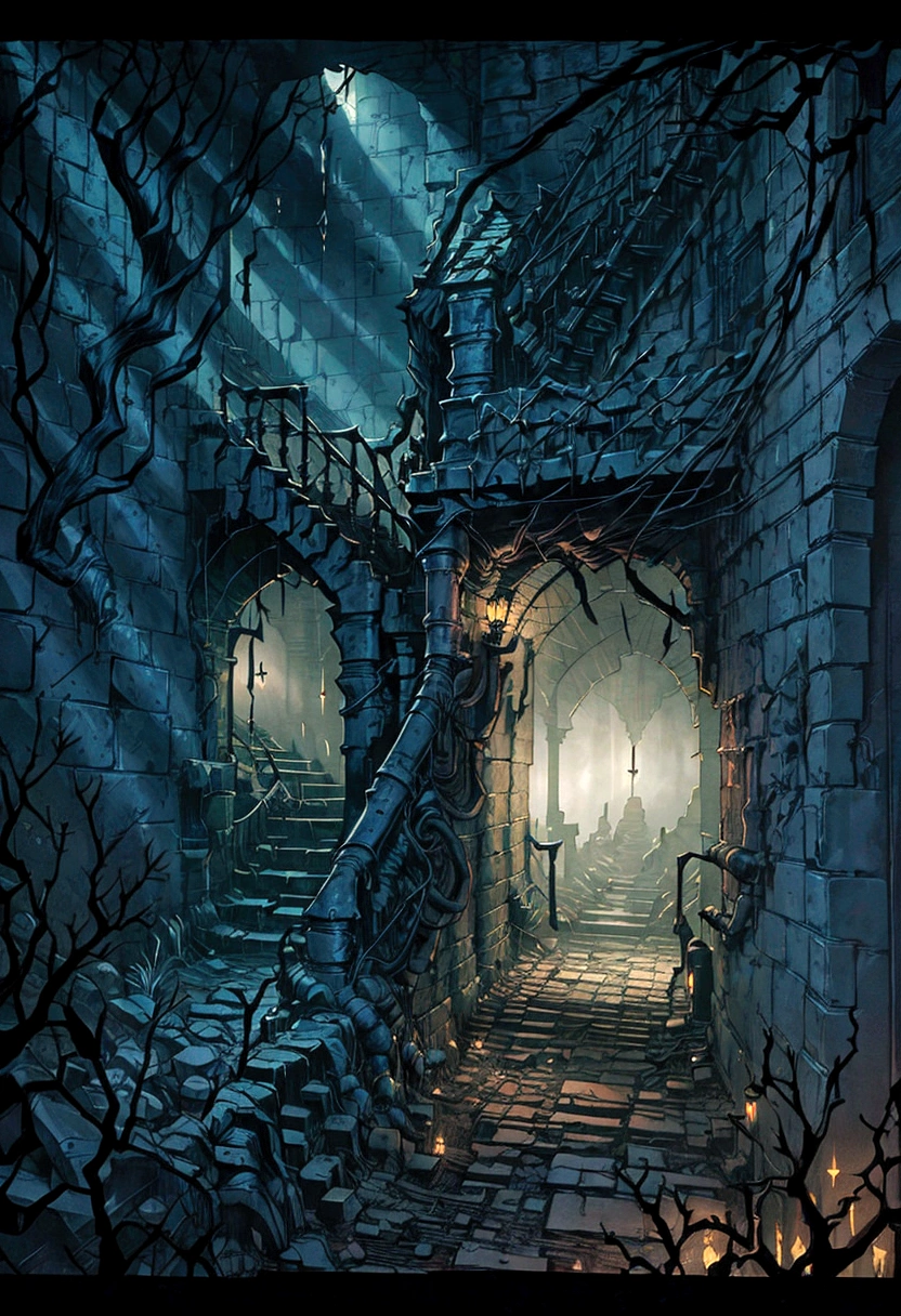 a dimly lit hallway with a staircase leading to a dark building, dramatic lighting. concept art, eerie nostalgic concept art, photorealistic dark concept art, detailed lighting and textures, detailed textures and lighting, fantasy atmospheric lighting, detailed atmospheric and gritty, beautiful 3 d concept art, highly realistic concept art, environment and concept art, game environment design, game concept art