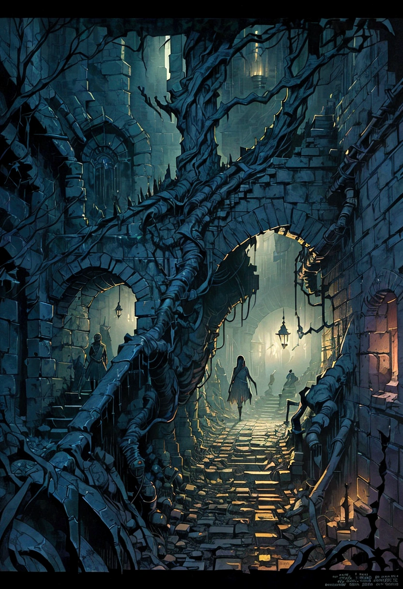 a dimly lit hallway with a staircase leading to a dark building, dramatic lighting. concept art, eerie nostalgic concept art, photorealistic dark concept art, detailed lighting and textures, detailed textures and lighting, fantasy atmospheric lighting, detailed atmospheric and gritty, beautiful 3 d concept art, highly realistic concept art, environment and concept art, game environment design, game concept art