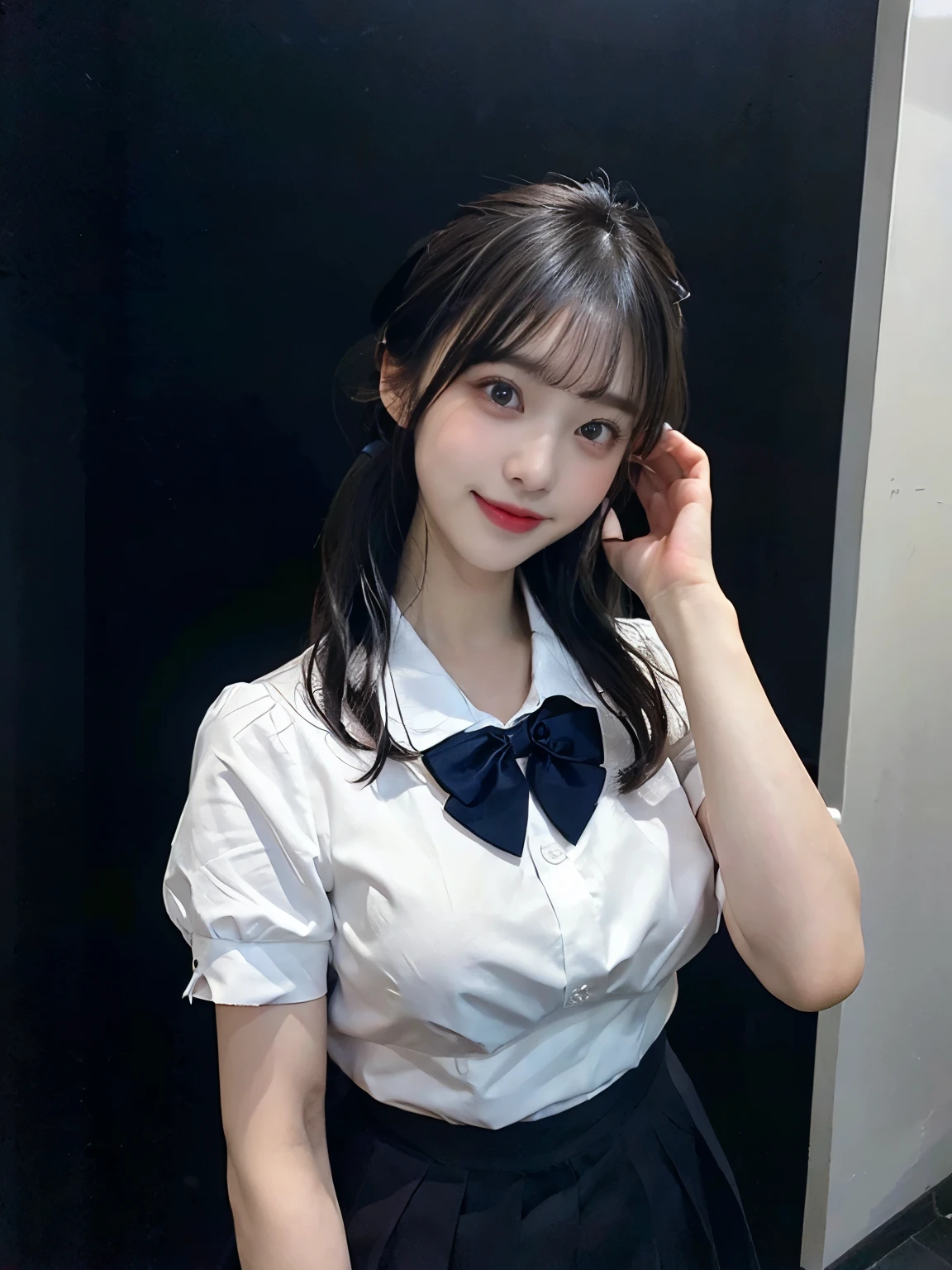 JK_style,short-sleeved JK_shirt,short-sleeved JK_sailor,JK_suit,JK_tie,(8k, RAW photo, best quality, mastery:1.3),(realistic,photo-realistic:1.37),(night),(looking viewer:1.331),(black hair),posing,Tokyo street,nightcityscape,cyberpunk city,soft light, 1girl, extremely beautiful face, bust, hands down, casual hairstyle, smile, big eyes, lower abdomen, (white short sleeves, JK_shirt), JK_style, (navy JK_skirt), (bow JK_tie), mix4, big breasts, full body photo, black small leather shoes