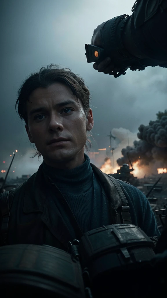 Captain Clarke's small unit of 20 men held off the enemy forces for hours at the war front, but they were vastly outnumbered, 4k realistic imagery, blue scenery like a movie scene, old american setting, inspired by blade runner movie scene, blue tone,