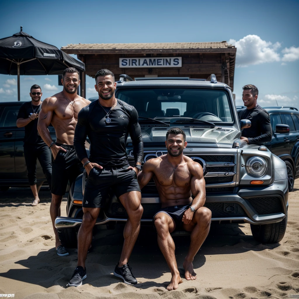 european, european men, posing, detailed face, car and people, people standing in front of car, laughing, smiling, happy, group, men, elite, muscular, brotherhood, Black Brabus, Brabus G Wagon, Mercedes, surfboards in the background, (brotherhood, group of elite men) muscular, sporty, rich, luxury, beach, sun, fitness, shredded