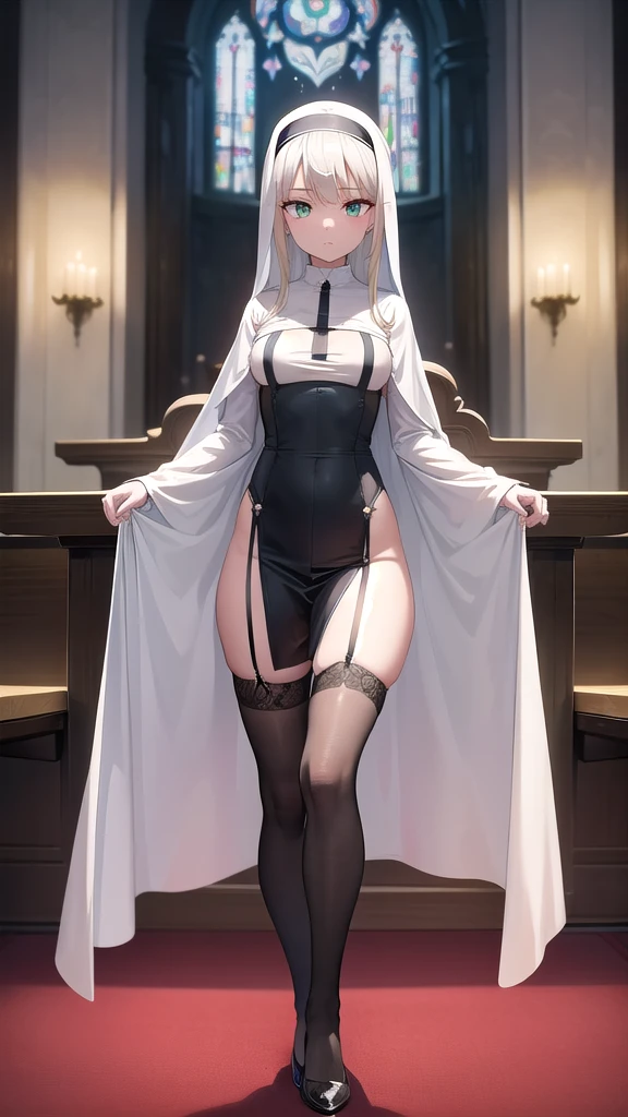 Masterpiece, top quality, best quality, official art, beautiful and aesthetic, anime, 1girl,extremely detailed, colorful, more detailed ((ultra-detailed)), (highly detailed CG illustration),Best Quality, High resolution, Unity 8k Wallpaper, (Illustration:0.8),extra detailed face,deteiled eyes,sharp, Perfect Lighting, extremely details CG, (Perfect hands, Perfect Anatomy), church, benches, icons, candles, dark light, crosses, 1girl, nun,long white hair,green eyes,long robe,medium breast,skinny fit,long legs,stockings,stocking suspenders,thighs,in middle,looking in camera,front shot,bend over.