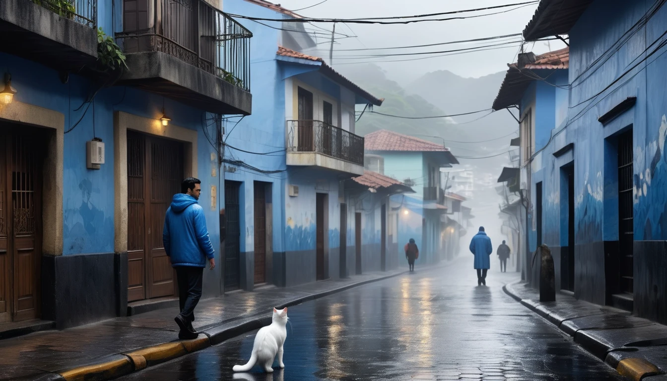 Create an afternoon scene on a dark street inspired by the streets of Rio de Janeiro. the street tiles are wet and fog hangs in the air. The street is deserted, only one man stands out in the landscape. A man wears blue warm clothes and black hair. A walking white cat on the wall of one of the houses. A wall with the image of a beautiful woman (the scene needs to have a noir atmosphere)
