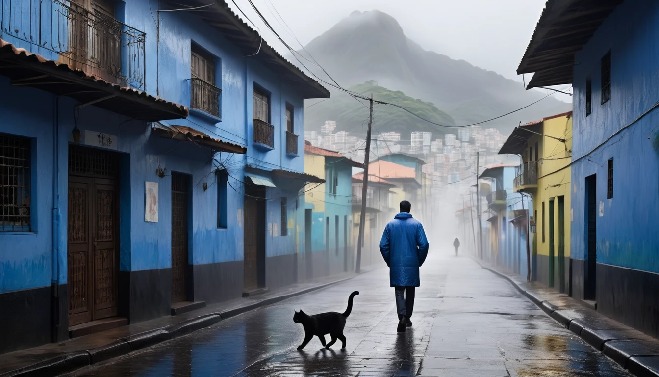 Create an afternoon scene on a dark street inspired by the streets of Rio de Janeiro. the street tiles are wet and fog hangs in the air. The street is deserted, only one man stands out in the landscape. A man wears blue warm clothes and black hair. A walking white cat on the wall of one of the houses. A wall with the image of a beautiful woman (the scene needs to have a noir atmosphere)