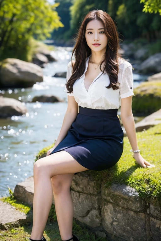 (Highest quality、Ultra-high resolution、masterpiece、8K)、(Delicate face、Detailed eyes and face、Watery eyes、double eyelid、Glossy lips), (1 girl) 、Very beautiful woman、Slender、Slim Big、Sharp long legs、Alluring and sexy、(A brightly colored collared shirt:1.2)、(Skirts in flashy colors:1.3),(silk pantyhose:1.1),(High heels)、Cleavage、Sitting pose、Perfect body、Two perfect legs、Detailed shoes、Anatomically correct、High-definition skin texture、Daytime、(Wind、river、waterfall、garden)