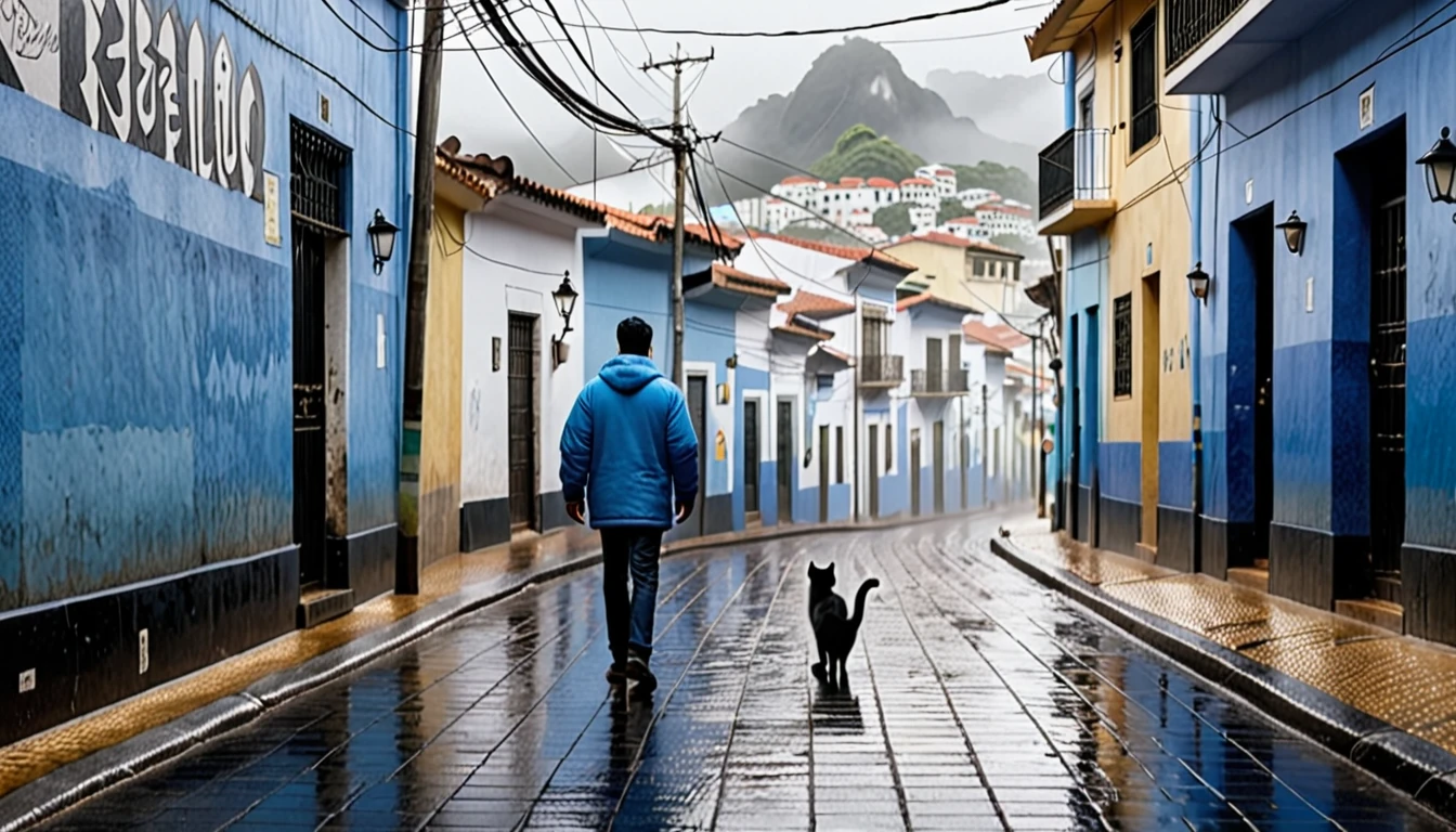 Create an afternoon scene on a dark street inspired by the streets of Rio de Janeiro. the street tiles are wet and fog hangs in the air. The street is deserted, only one man stands out in the landscape. A man wears blue warm clothes and black hair. A walking white cat on the wall of one of the houses. A wall with the image of a beautiful woman (the scene needs to have a noir atmosphere)