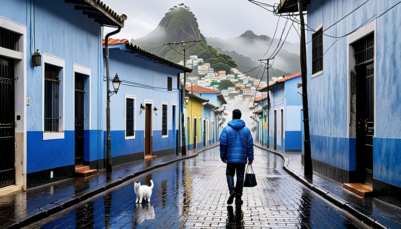 Create an afternoon scene on a dark street inspired by the streets of Rio de Janeiro. the street tiles are wet and fog hangs in the air. The street is deserted, only one man stands out in the landscape. A man wears blue warm clothes and black hair. A walking white cat on the wall of one of the houses. A wall with the image of a beautiful woman (the scene needs to have a noir atmosphere)