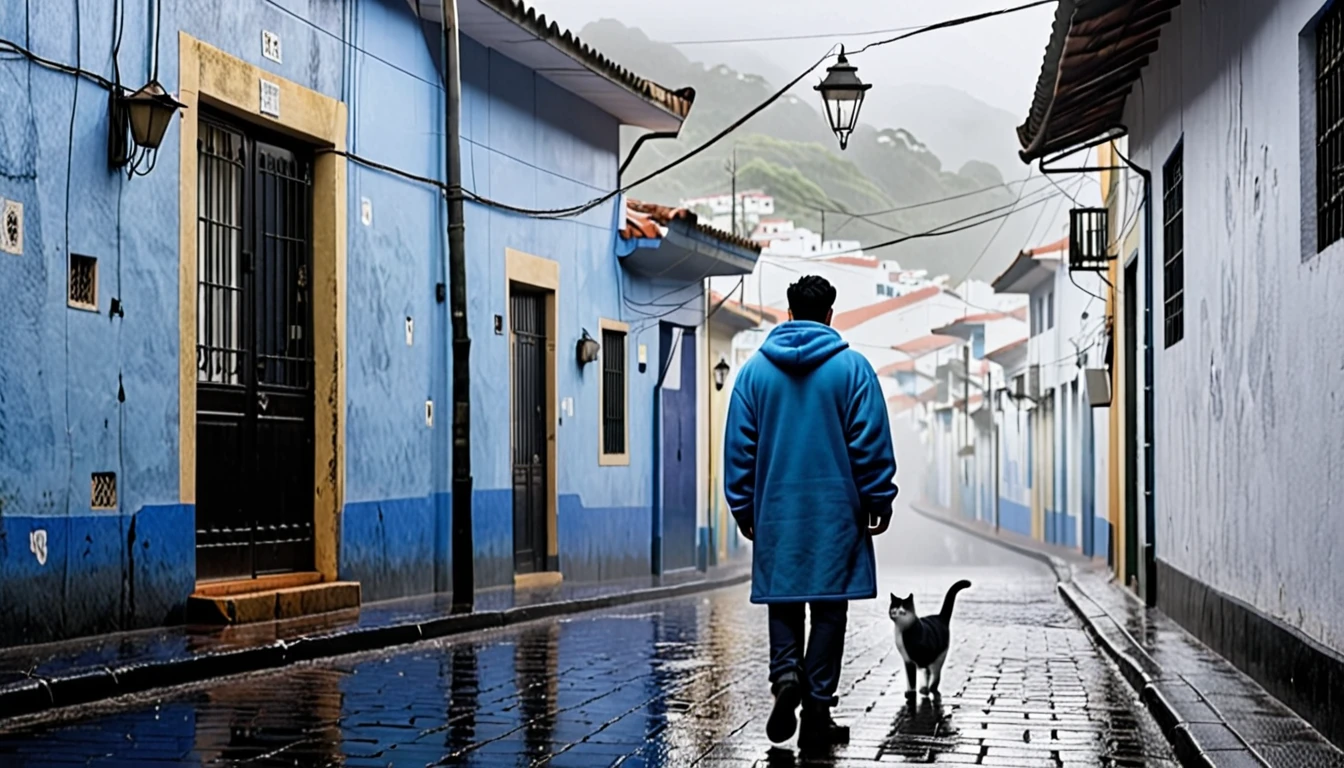 Create an afternoon scene on a dark street inspired by the streets of Rio de Janeiro. the street tiles are wet and fog hangs in the air. The street is deserted, only one man stands out in the landscape. A man wears blue warm clothes and black hair. A walking white cat on the wall of one of the houses. A wall with the image of a beautiful woman (the scene needs to have a noir atmosphere)