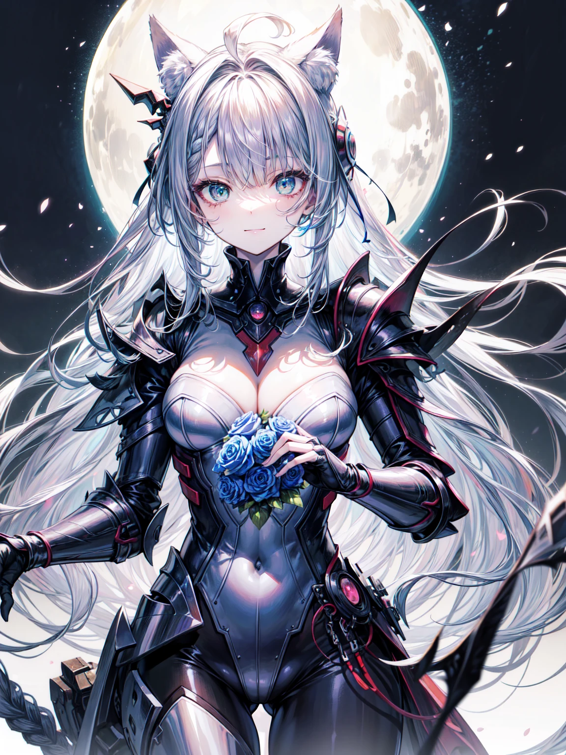 Cat ear, puppet, Green Eyes, Pale skin, Light purple hair, Long Hair, Blunt bangs, Braiding,Cowboy Shot、Organic Armor Cyborg、Machinery Armor、Armor Textures、Holding a bouquet、break、非常にdetailed (Dark Elf), (1 Girl), alone, Perfect Face, detailed, Ahoge, ((Long Hair:1.2)), (Hair above one eye:1.3), [[Messy Hair]], smile, Design Art：haruhiko mikimoto, by Kawashi, By Yoshitaka Amano