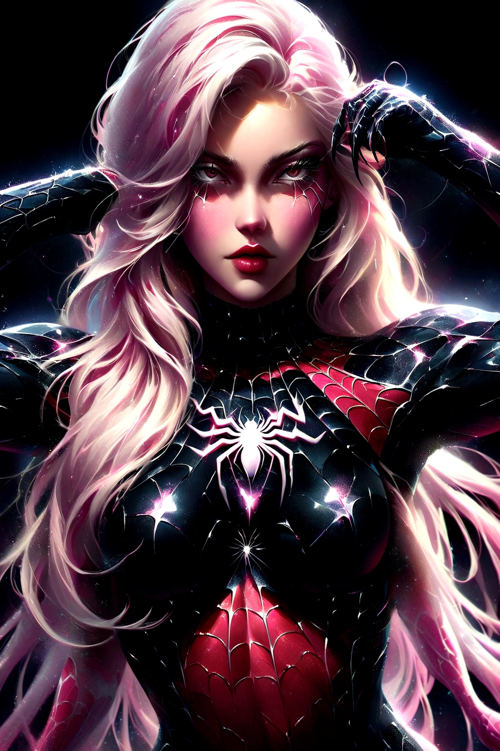 a close up of a woman in a spider - suit with long hair, extremely detailed artgerm, style artgerm, ( ( spiderwoman ) ), spider - gwen, spider-gwen, artgerm style, spider gwen, graphic artist artgerm, spider woman, in the style artgerm, artgerm detailed, trending artgerm