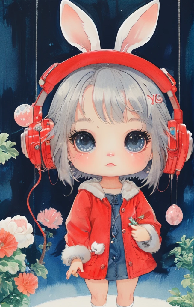 On a bright red campus"YES"Character、beautiful illustration, best quality, cute girl, bedroom, pastel color, fluffy bunny ears, , silver long hair, rabbit stuffed toy, bright lighting, light pink eyes