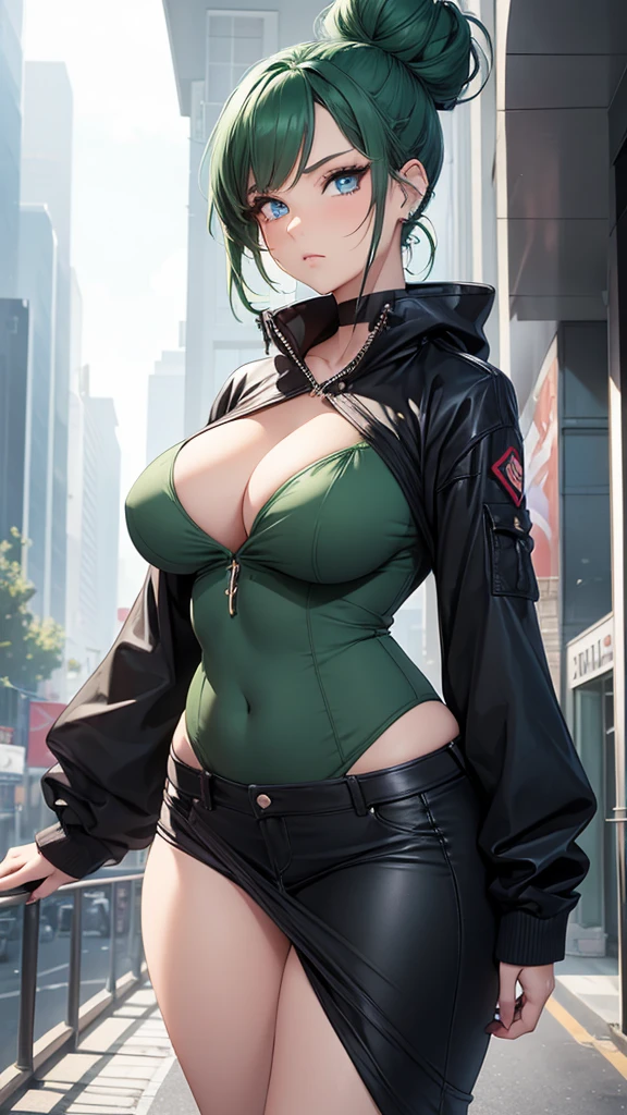 Young female, giantess (15ft 6in height), curvy body, DDD size breasts, dark green hair in two high buns, light blue eyes with designs, beautiful, vertical labret piercing, wearing comfortable simple style clothes. 