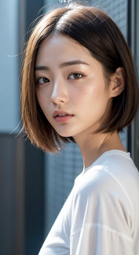 doress、(Photorealsitic:1.4)、(hyper realisitic:1.4)、(realisitic:1.3)、(Smooth lighting:1.05)、(Improved lighting quality in movies:0.9)、32K、1girl in、20 years girl、Realistic lighting、Back lighting、Facial light、raytrace、(brightened light:1.2)、(enhanced quality:1.4)、(Top quality real texture skins:1.4)、finely eye、finerly detailed face、Fine quality eye、(Tired, sleepy and satisfied:0.0)、 close up of face、white t-shirts、(enhance body line mood:1.1)、(Increase the beauty of skin texture:1.1)、((Mio Imada))、Concrete background、Short bob hair with uniform shape on the left and right, bikini