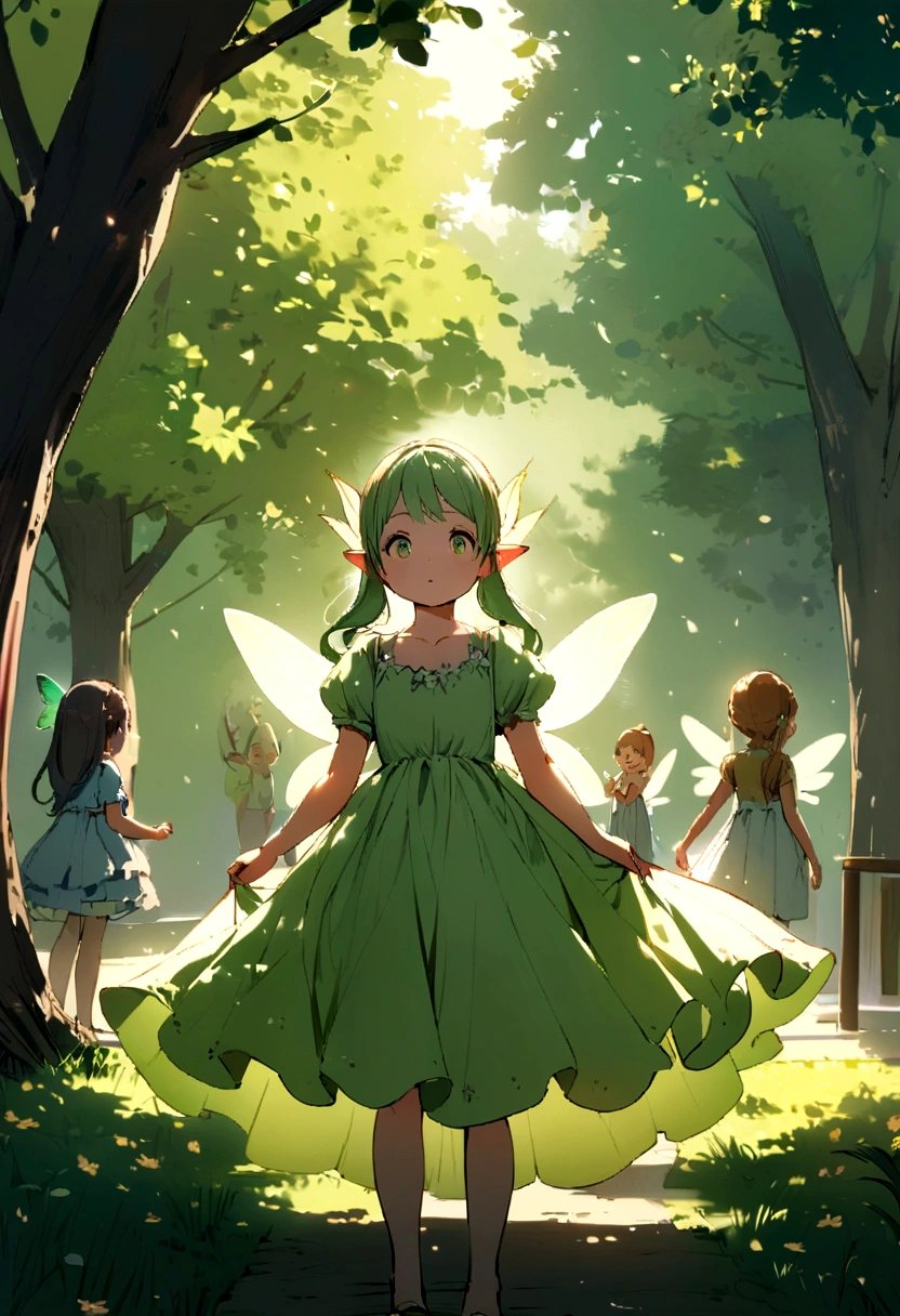 A girl fairy, watching children play in a park