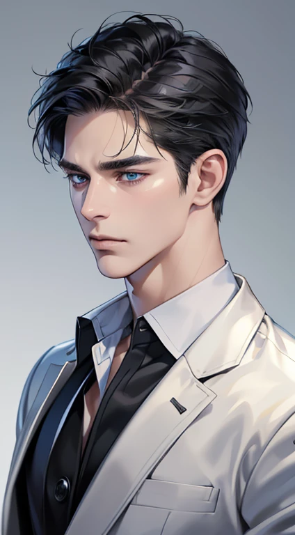 (best quality, masterpiece, 8K, photorealistic, cinematic lighting, 1:4 hdr image, ultra detailed, beautiful image), a mature man, 34 years very handsome, ((cold expression)), short black hair, blue eyes, face perfect without mistakes, ((buttoning his jacket, CEO))