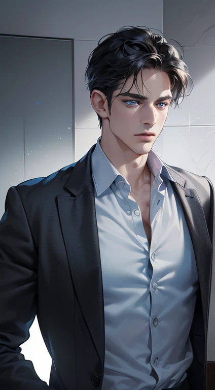 (best quality, masterpiece, 8K, photorealistic, cinematic lighting, 1:4 hdr image, ultra detailed, beautiful image), a mature man, 34 years very handsome, ((cold expression)), short black hair, blue eyes, face perfect without mistakes, ((buttoning his jacket, CEO))