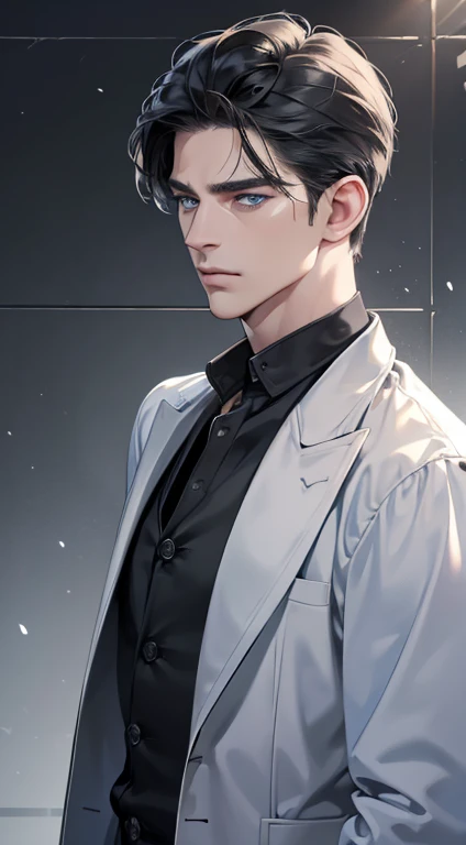 (best quality, masterpiece, 8K, photorealistic, cinematic lighting, 1:4 hdr image, ultra detailed, beautiful image), a mature man, 34 years very handsome, ((cold expression)), short black hair, blue eyes, face perfect without mistakes, ((buttoning his jacket, CEO))