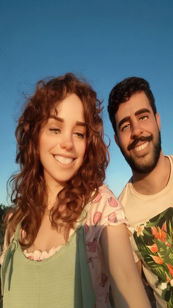 Create a Disney pixar style image.
### Additional Observations:
- **Environment and Lighting**: The photo was taken outdoors, probably at dusk, with direct sunlight that highlights the hair and faces of the two people, creating soft shadows and warm lighting.
her eye color is light brown and his is dark brown. He has a well-trimmed beard and mustache