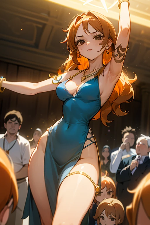 (masterpiece), best quality, expressive eyes, perfect face, front lighting, (inside dance party with light beams and crowd background), (dancing), (seductive look), (cleavage view), (1girl, Nami, 18 years old, orange hair, long hair, wavy hairstyle, brown eyes, hourglass figure, left shoulder tattoo, skinny body, thin body, petite_body, small breasts, wide hips, thick thighs), (light-blue v-neck strap dress, sleeveless, expossed cleavage, jewelry, necklace, bracelets, earrings), 